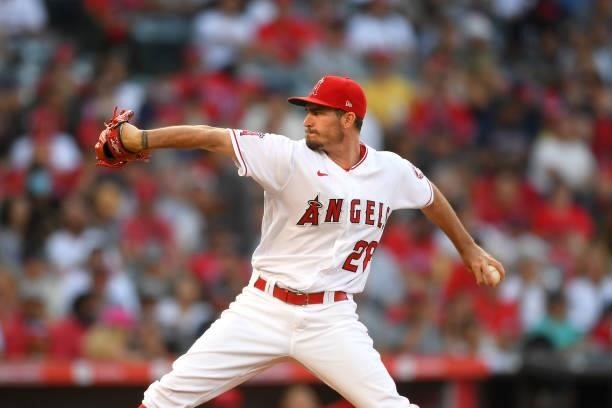 Andrew Heaney of the Los Angeles Angels pitches in the game against the Seattle Mariners at Angel Stadium of Anaheim on July 16, 2021 in Anaheim,...