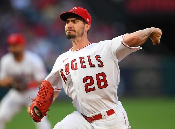 Andrew Heaney of the Los Angeles Angels pitches in the fourth inning of the game against the Seattle Mariners at Angel Stadium of Anaheim on July 16,...