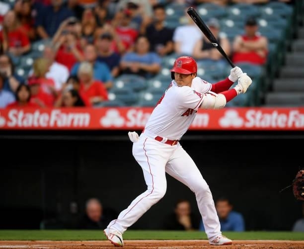 Shohei Ohtani of the Los Angeles Angels at bat in the first inning of the game against the Seattle Mariners at Angel Stadium of Anaheim on July 16,...