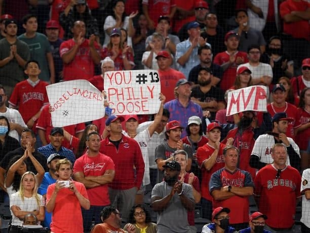Fans show their support of Phil Gosselin of the Los Angeles Angels during the game against the Seattle Mariners at Angel Stadium of Anaheim on July...