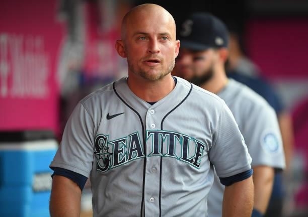Kyle Seager of the Seattle Mariners in the dugout during the game against the Los Angeles Angels at Angel Stadium of Anaheim on July 16, 2021 in...