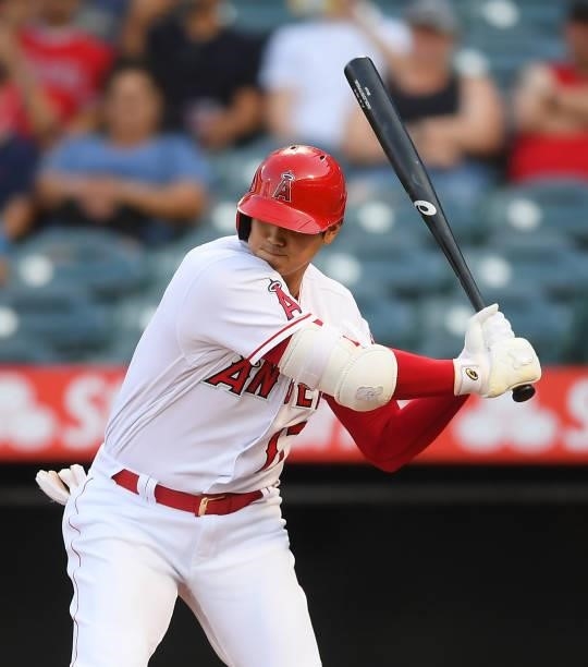 Shohei Ohtani of the Los Angeles Angels at bat in the first inning of the game against the Seattle Mariners at Angel Stadium of Anaheim on July 16,...