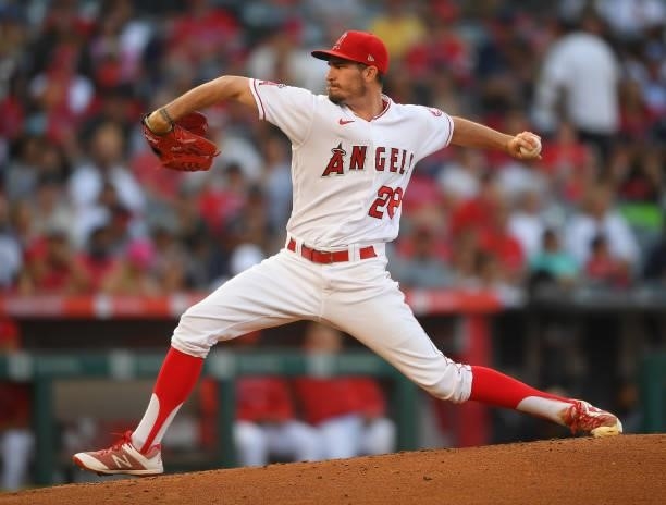 Andrew Heaney of the Los Angeles Angels pitches in the game against the Seattle Mariners at Angel Stadium of Anaheim on July 16, 2021 in Anaheim,...