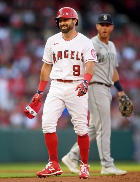Adam Eaton of the Los Angeles Angels smiles after hitting a double in the game against the Seattle Mariners at Angel Stadium of Anaheim on July 16,...