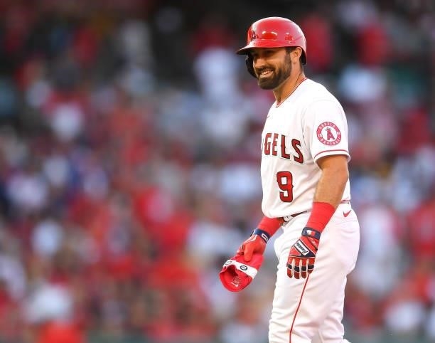 Adam Eaton of the Los Angeles Angels smiles after hitting a double in the game against the Seattle Mariners at Angel Stadium of Anaheim on July 16,...