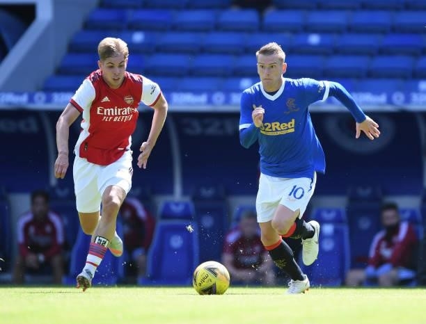 Emile Smith Rowe of Arsenal takes on Steven David of Rangers during the pre season friendly between Rangers and Arsenal at Ibrox Stadium on July 17,...