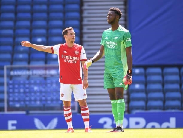 Cedric and Arthur Okonkwo of Arsenal during the pre season friendly between Rangers and Arsenal at Ibrox Stadium on July 17, 2021 in Glasgow,...