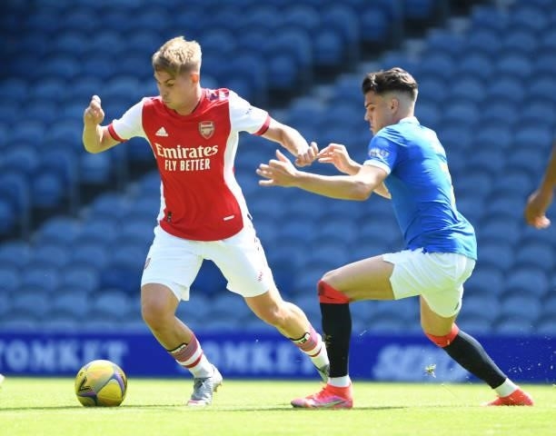 Emile Smith Rowe of Arsenal takes on anis Hagi of Rangers during the pre season friendly between Rangers and Arsenal at Ibrox Stadium on July 17,...