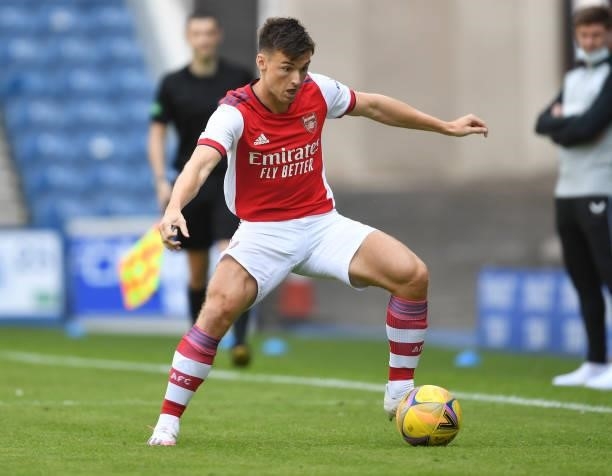 Kieran Tierney of Arsenal during the pre season friendly between Rangers and Arsenal at Ibrox Stadium on July 17, 2021 in Glasgow, Scotland.