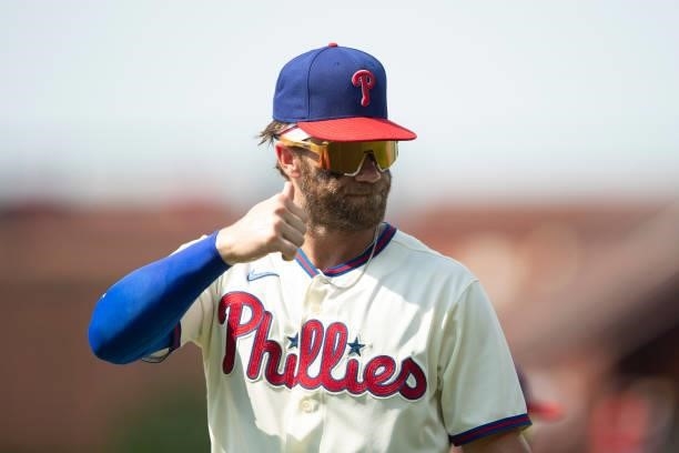 Bryce Harper of the Philadelphia Phillies gives a thumbs up prior to the game against the Miami Marlins during Game One of the doubleheader at...