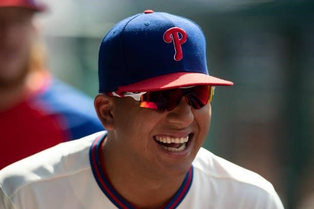Ranger Suarez of the Philadelphia Phillies smiles prior to the game against the Miami Marlins during Game One of the doubleheader at Citizens Bank...