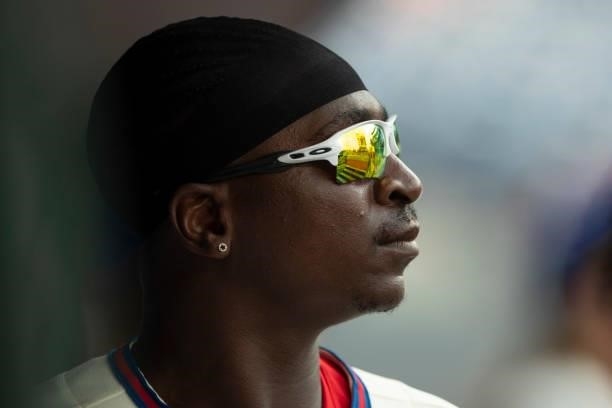Didi Gregorius of the Philadelphia Phillies looks on prior to the game against the Miami Marlins during Game One of the doubleheader at Citizens Bank...
