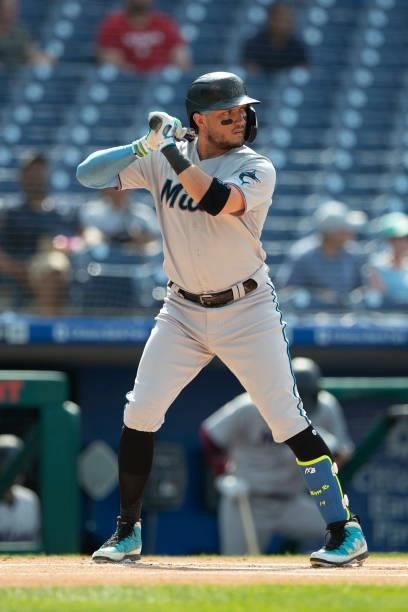 Miguel Rojas of the Miami Marlins bats against the Philadelphia Phillies during Game One of the doubleheader at Citizens Bank Park on July 16, 2021...