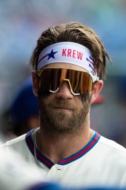 Bryce Harper of the Philadelphia Phillies looks on prior to the game against the Miami Marlins during Game One of the doubleheader at Citizens Bank...