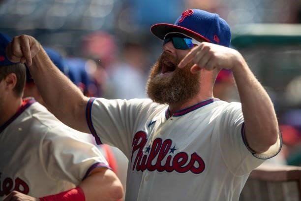 Archie Bradley of the Philadelphia Phillies reacts prior to the game against the Miami Marlins during Game One of the doubleheader at Citizens Bank...