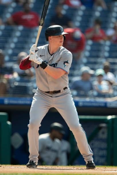 Garrett Cooper of the Miami Marlins bats against the Philadelphia Phillies during Game One of the doubleheader at Citizens Bank Park on July 16, 2021...