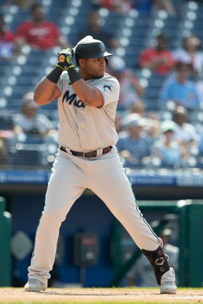 Jesus Aguilar of the Miami Marlins bats against the Philadelphia Phillies during Game One of the doubleheader at Citizens Bank Park on July 16, 2021...