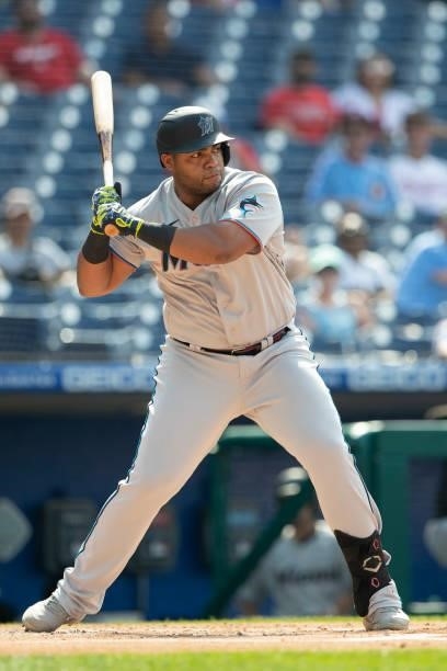 Jesus Aguilar of the Miami Marlins bats against the Philadelphia Phillies during Game One of the doubleheader at Citizens Bank Park on July 16, 2021...