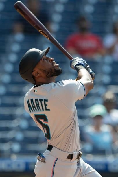 Starling Marte of the Miami Marlins bats against the Philadelphia Phillies during Game One of the doubleheader at Citizens Bank Park on July 16, 2021...