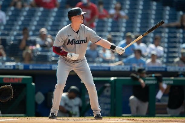 Garrett Cooper of the Miami Marlins bats against the Philadelphia Phillies during Game One of the doubleheader at Citizens Bank Park on July 16, 2021...