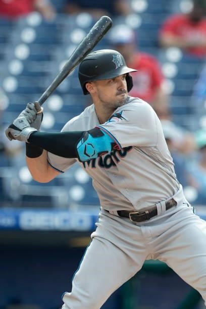 Adam Duvall of the Miami Marlins bats against the Philadelphia Phillies during Game One of the doubleheader at Citizens Bank Park on July 16, 2021 in...