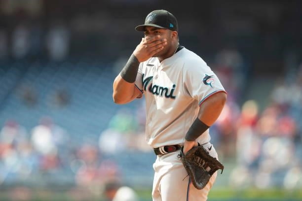 Jesus Aguilar of the Miami Marlins looks on against the Philadelphia Phillies during Game One of the doubleheader at Citizens Bank Park on July 16,...