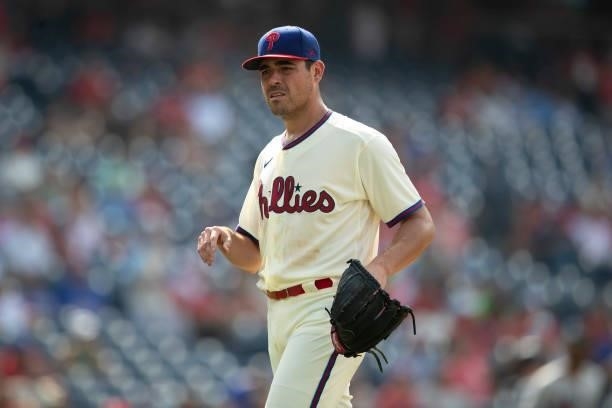 Matt Moore of the Philadelphia Phillies looks on against the Miami Marlins during Game One of the doubleheader at Citizens Bank Park on July 16, 2021...