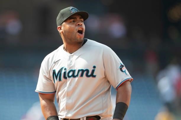 Jesus Aguilar of the Miami Marlins reacts against the Philadelphia Phillies during Game One of the doubleheader at Citizens Bank Park on July 16,...