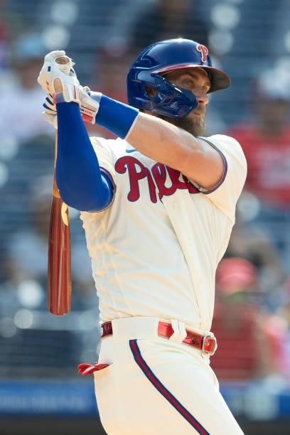 Bryce Harper of the Philadelphia Phillies bats against the Miami Marlins during Game One of the doubleheader at Citizens Bank Park on July 16, 2021...