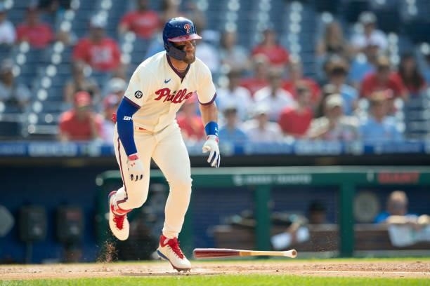 Bryce Harper of the Philadelphia Phillies runs to first base against the Miami Marlins during Game One of the doubleheader at Citizens Bank Park on...