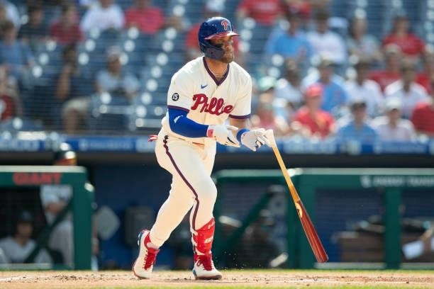 Bryce Harper of the Philadelphia Phillies bats against the Miami Marlins during Game One of the doubleheader at Citizens Bank Park on July 16, 2021...