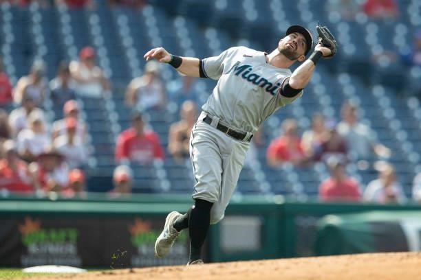 Jon Berti of the Miami Marlins catches the ball against the Philadelphia Phillies during Game One of the doubleheader at Citizens Bank Park on July...