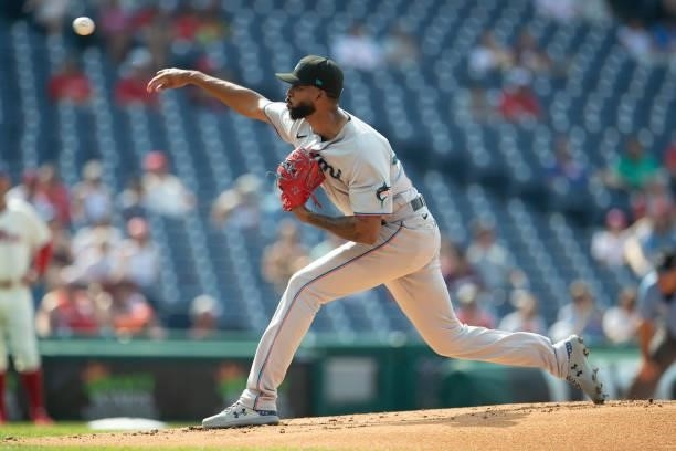 Sandy Alcantara of the Miami Marlins throws a pitch against the Philadelphia Phillies during Game One of the doubleheader at Citizens Bank Park on...