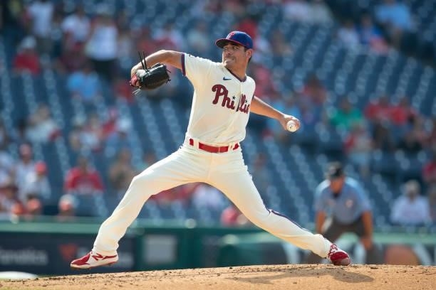 Matt Moore of the Philadelphia Phillies throws a pitch against the Miami Marlins during Game One of the doubleheader at Citizens Bank Park on July...