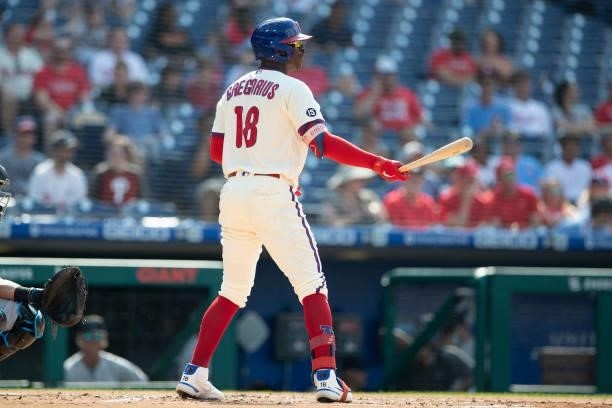 Didi Gregorius of the Philadelphia Phillies bats against the Miami Marlins during Game One of the doubleheader at Citizens Bank Park on July 16, 2021...