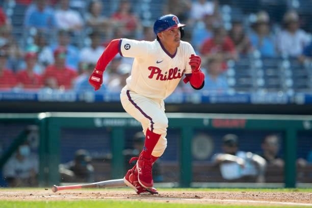 Ronald Torreyes of the Philadelphia Phillies bats against the Miami Marlins during Game One of the doubleheader at Citizens Bank Park on July 16,...