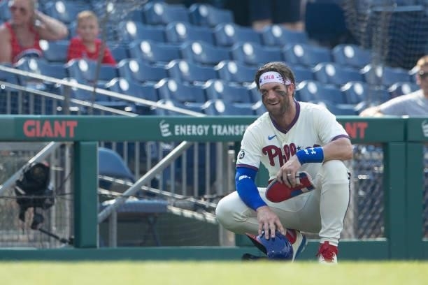 Bryce Harper of the Philadelphia Phillies reacts against the Miami Marlins during Game One of the doubleheader at Citizens Bank Park on July 16, 2021...