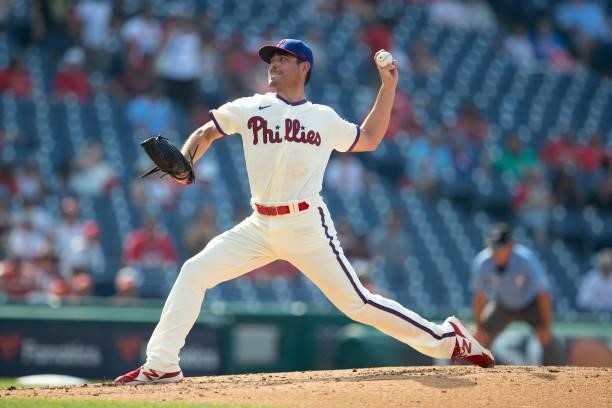 Matt Moore of the Philadelphia Phillies throws a pitch against the Miami Marlins during Game One of the doubleheader at Citizens Bank Park on July...