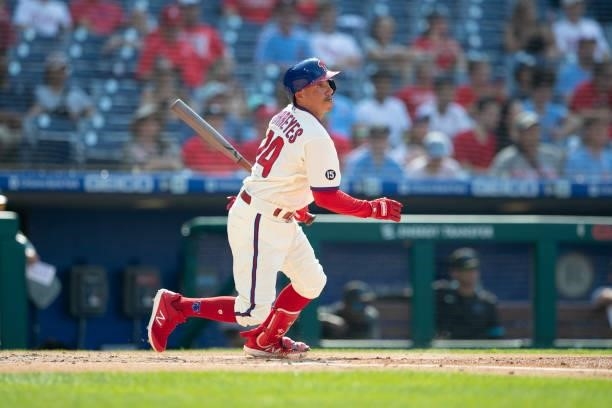 Ronald Torreyes of the Philadelphia Phillies bats against the Miami Marlins during Game One of the doubleheader at Citizens Bank Park on July 16,...