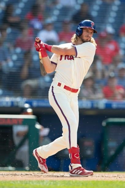 Travis Jankowski of the Philadelphia Phillies bats against the Miami Marlins during Game One of the doubleheader at Citizens Bank Park on July 16,...