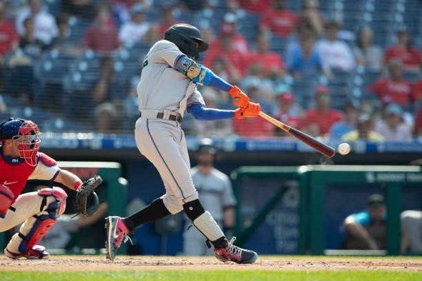 Jazz Chisholm Jr. #2 of the Miami Marlins bats against the Philadelphia Phillies during Game One of the doubleheader at Citizens Bank Park on July...