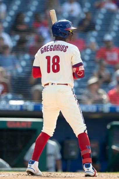 Didi Gregorius of the Philadelphia Phillies bats against the Miami Marlins during Game One of the doubleheader at Citizens Bank Park on July 16, 2021...