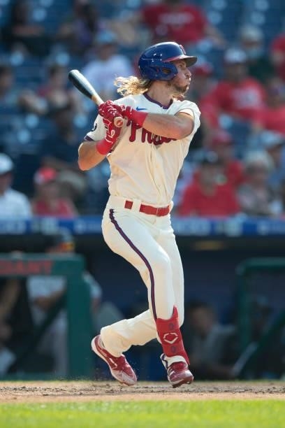 Travis Jankowski of the Philadelphia Phillies bats against the Miami Marlins during Game One of the doubleheader at Citizens Bank Park on July 16,...