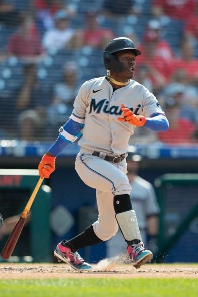 Jazz Chisholm Jr. #2 of the Miami Marlins bats against the Philadelphia Phillies during Game One of the doubleheader at Citizens Bank Park on July...