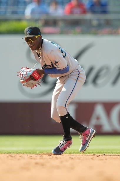 Jazz Chisholm Jr. #2 of the Miami Marlins fields the ball against the Philadelphia Phillies during Game One of the doubleheader at Citizens Bank Park...