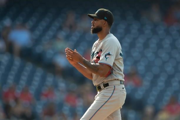 Sandy Alcantara of the Miami Marlins looks on against the Philadelphia Phillies during Game One of the doubleheader at Citizens Bank Park on July 16,...