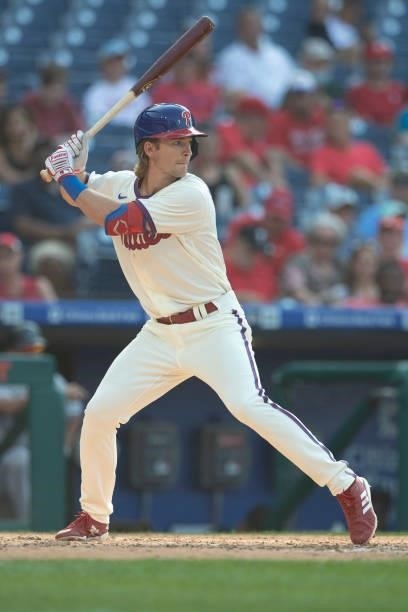 Luke Williams of the Philadelphia Phillies bats against the Miami Marlins during Game One of the doubleheader at Citizens Bank Park on July 16, 2021...
