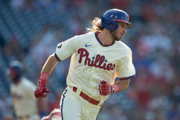 Travis Jankowski of the Philadelphia Phillies runs to first base against the Miami Marlins during Game One of the doubleheader at Citizens Bank Park...