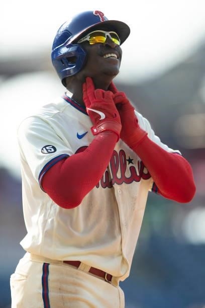 Didi Gregorius of the Philadelphia Phillies reacts against the Miami Marlins during Game One of the doubleheader at Citizens Bank Park on July 16,...
