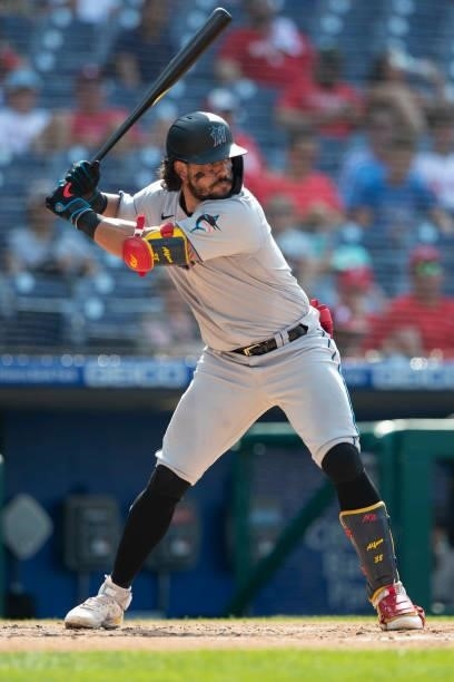 Jorge Alfaro of the Miami Marlins bats against the Philadelphia Phillies during Game One of the doubleheader at Citizens Bank Park on July 16, 2021...